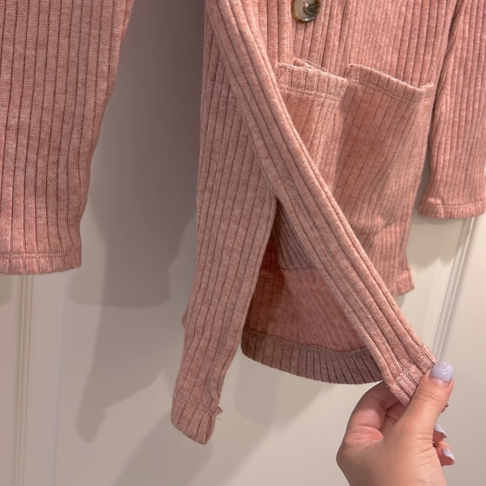 LOFT Pink Ribbed V Neck Button Front Cardigan - Picture 3 of 6